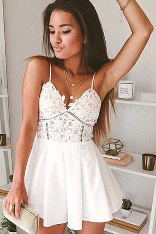 White Short Prom Dress, Spaghetti Straps Homecoming Dress, Graduation Gowns, SH395