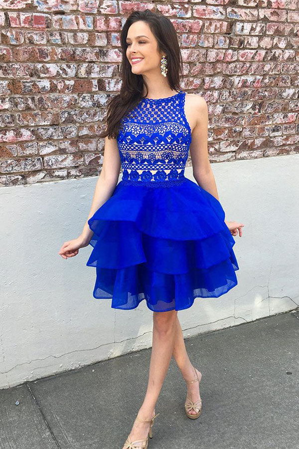Cute Organza Skirt Royal Blue A-line Lace Top Short Homecoming Dresses, SH396