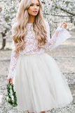 White Tulle Long Sleeve Lace Two Pieces Short Homecoming Dresses Online, SH398