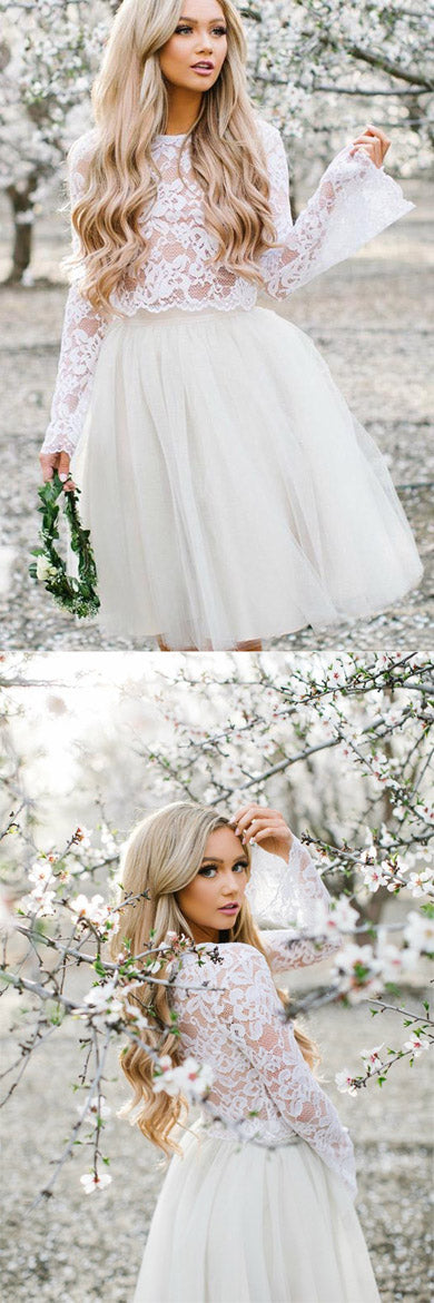 White Tulle Long Sleeve Lace Two Pieces Short Homecoming Dresses Online, SH398 at simidress.com