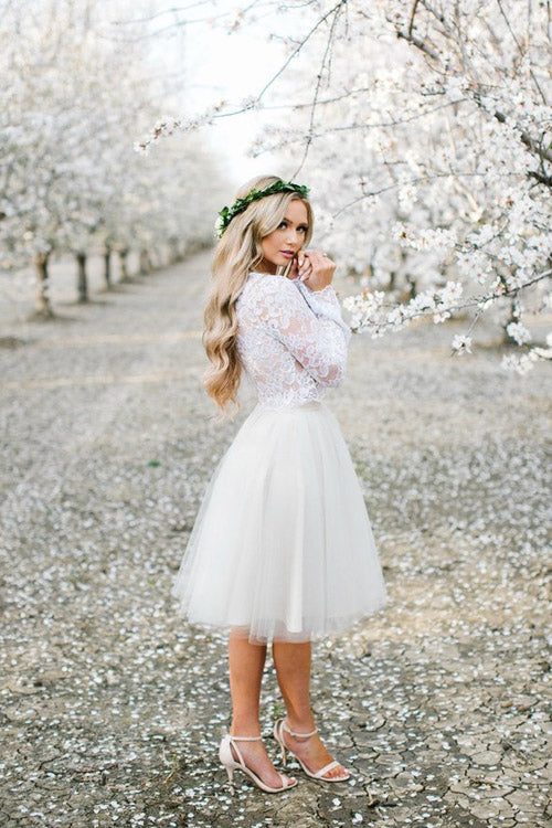 White Tulle Long Sleeve Lace Two Pieces Short Homecoming Dresses Online, SH398|simidress.com