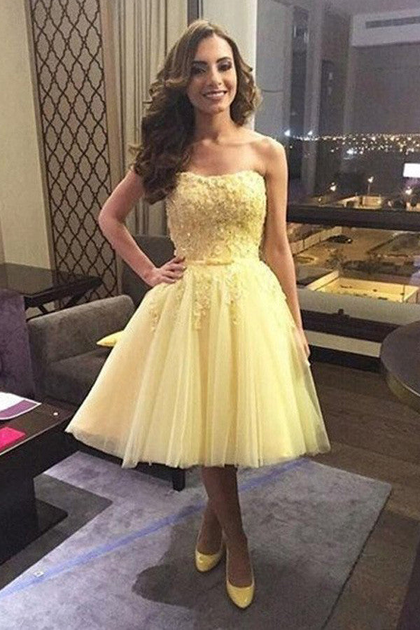 Yellow Short Prom Dresses,Tulle Homecoming Dress With Appliques,SH39