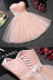 Blush Pink Tulle Strapless Sweetheart Neck Homecoming Dress, Short Prom Dresses, SH400 