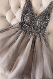 Grey V Neck Tulle Short Prom Dresses Rhinestone Beaded Homecoming Dresses, SH402