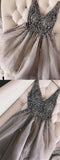 Grey V Neck Tulle Short Prom Dresses Rhinestone Beaded Homecoming Dresses, SH402 at simidress.com