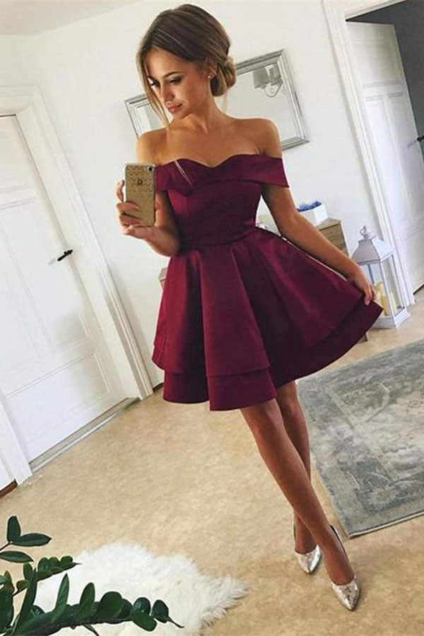 New Arrival Off-shoulder Simple Cute Homecoming Dresses Short Satin Prom Dress, SH407