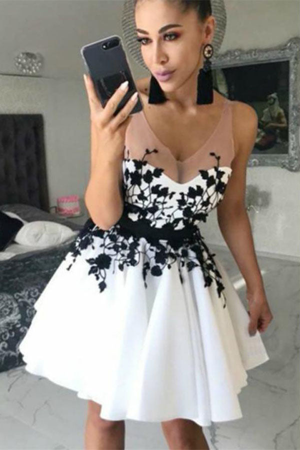 Black Lace Sleeveless White A-line Appliques Short Prom Dress Homecoming Dress, SH408