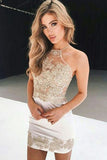 Cute Cheap Halter Mermaid Lace Tight Homecoming Dresses With Appliques, SH409
