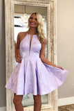 Lilac Floral Jacquard Halter Homecoming Dresses with Pocket Graduation Dress, SH411