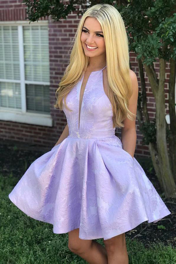 Lilac Floral Jacquard Halter Homecoming Dresses with Pocket Graduation Dress, SH411 at simidress.com