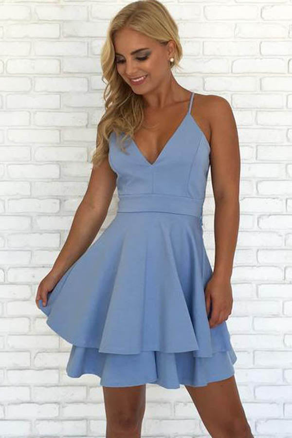 Simple Blue Spaghetti Straps V Neck Short Prom Dress Homecoming Dress, SH412