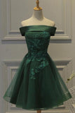 Dark Green Tulle Off Shoulder A Line Homecoming Dress with Appliques, SH414