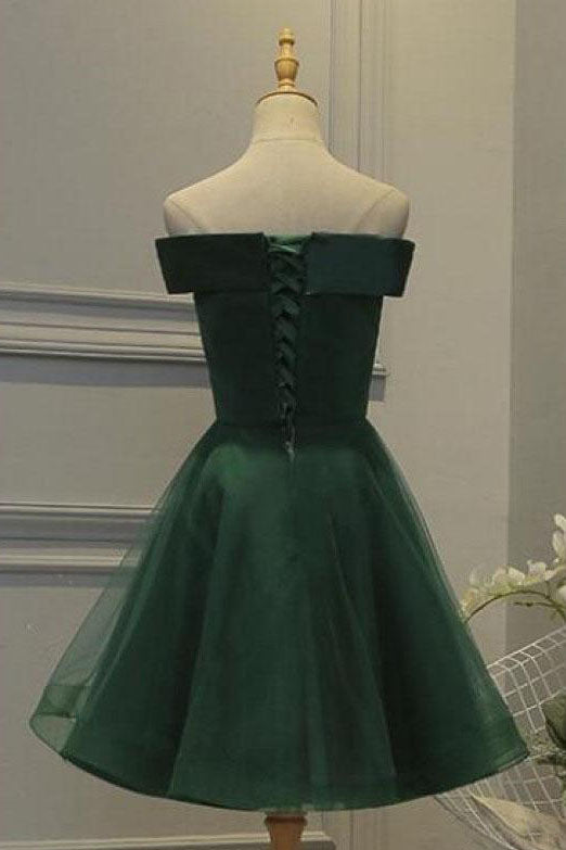 Dark Green Tulle Off Shoulder A Line Homecoming Dress with Appliques, SH414 at simidress.com