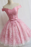 Charming Pink Off Shoulder A line homecoming dresses with Appliques, SH416