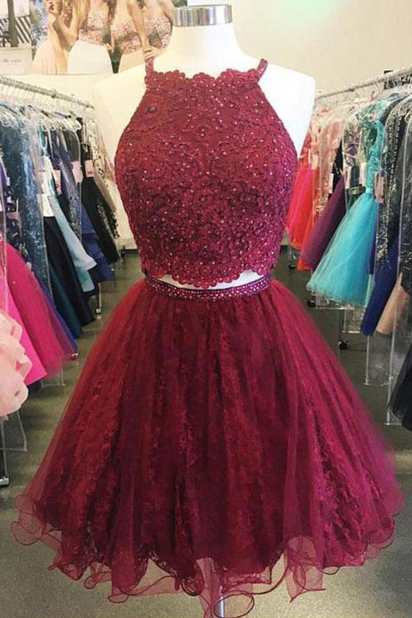 Cute Red A-line Halter Two Piece Lace Short Prom Dress Homecoming Dresses, SH418