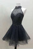Black Beaded A-line High Neck Organza Homecoming Dress Sweet 16 Dress, SH419