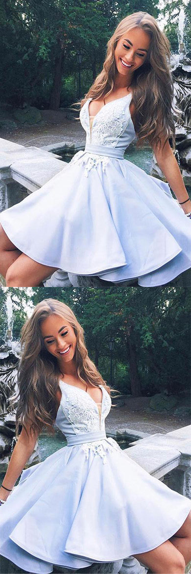 simidress.com|Cute A-line V-neck Satin Lace Homecoming Dress, Short Prom Dresses on line, SH421