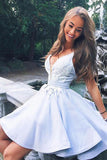 Cute A-line V-neck Satin Lace Homecoming Dress, Short Prom Dresses on line, SH421