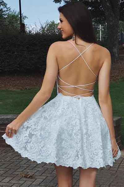 simidress.com|Elegant White Lace A-line Sweetheart Spaghetti Straps Backless Homecoming Dress, SH425