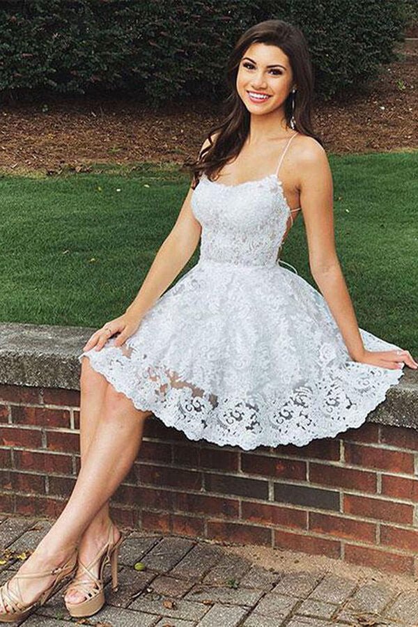 Elegant White Lace A-line Sweetheart Spaghetti Straps Backless Homecoming Dress, SH425 | lace homecoming dresses | short prom dresses | white homecoming dresses | sweet 16 | cheap homecoming dresses | homecoming dresses online | Simidress