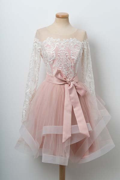 Pink High Neck Long Sleeves Lace Homecoming Dresses | Short Prom Dress, SH426