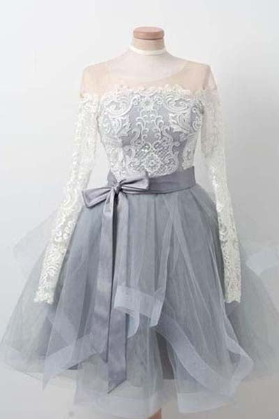 simidress.com | Pink High Neck Long Sleeves Lace Homecoming Dresses | Short Prom Dress, SH426