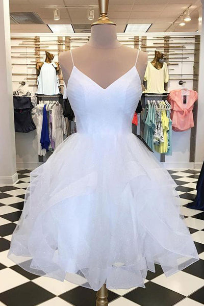 Sparkly White Tulle A-line V-neck Spaghetti Straps Homecoming Dresses, SH428