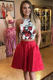 Cute Red Floral Print A-line Two Piece Halter Homecoming Dresses with Pockets, SH430