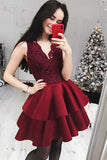 Burgundy Lace Satin A-line V-neck Cute Homecoming Dresses | Short Prom Dress, SH432