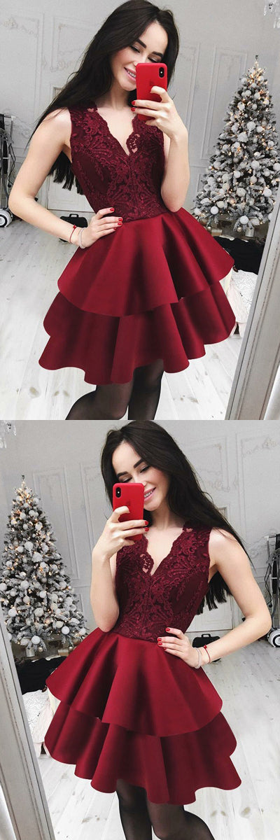 www.simidress.com | Burgundy Lace Satin A-line V-neck Cute Homecoming Dresses | Short Prom Dress, SH432