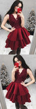 www.simidress.com | Burgundy Lace Satin A-line V-neck Cute Homecoming Dresses | Short Prom Dress, SH432