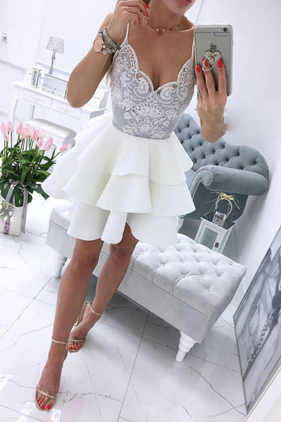 White V-neck Lace Satin A-line Cute Short Prom Dresses | Homecoming Dresses, SH433