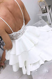 www.simidress.com | White V-neck Lace Satin A-line Cute Short Prom Dresses | Homecoming Dresses, SH433