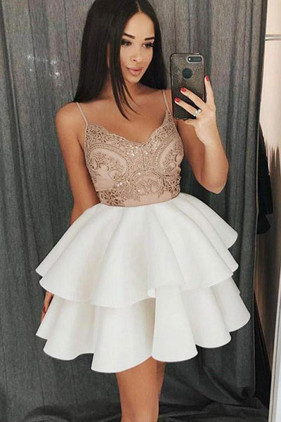 White Satin Spaghetti Straps Sweetheart Lace Short Prom Dress, Homecoming Dress, SH434