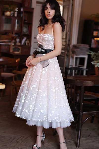 Pearl Pink Tulle Beaded A-line Spaghetti Strap Tea Length Homecoming Dresses, SH437