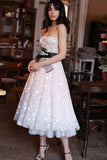 Pearl Pink Tulle Beaded A-line Spaghetti Straps Tea Length Homecoming Dresses, SH437