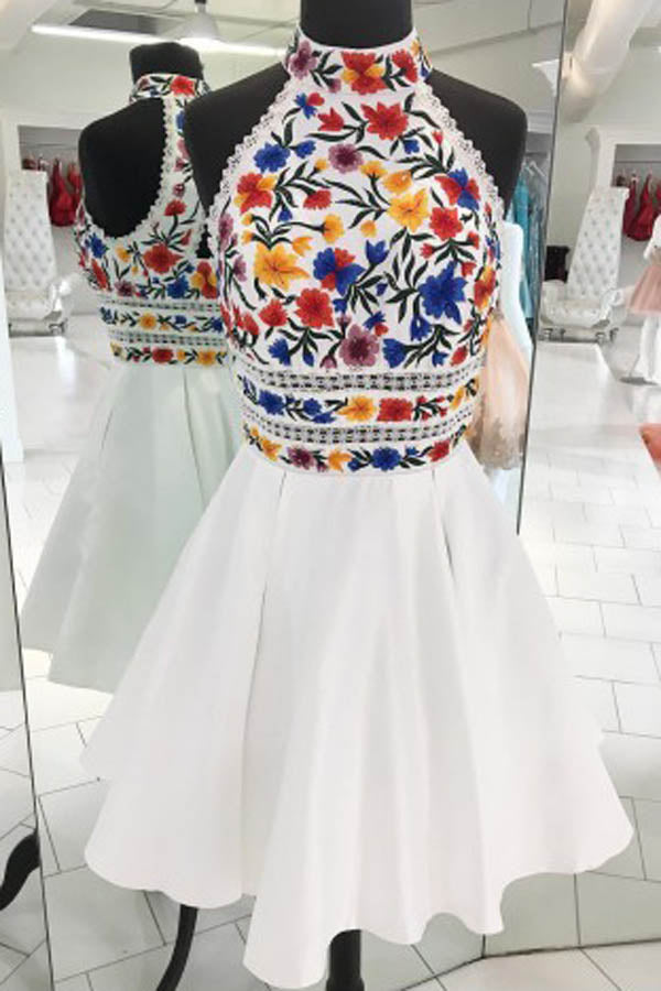 White Satin A-line Floral Short Homecoming Dresses | Graduation Dresses, SH440 Simidress White Satin A-line Floral Short Homecoming Dresses | Graduation Dresses, SH440 Simidress