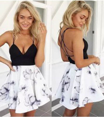www.simidress.com | Cute Black Floral Print A-line V-neck Cross Back Spaghetti Straps Homecoming Dresses, SH443