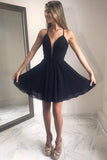 Simple Black A-Line Chiffon Spaghetti Straps Pleats Homecoming Dresses, SH444