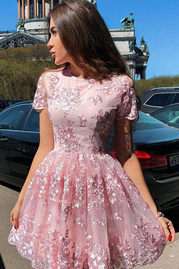 Pink A-Line Short Sleeves Homecoming Dresses | Graduation Dress with Lace Appliques, SH445 Simidress Pink A-Line Short Sleeves Homecoming Dresses | Graduation Dress with Lace Appliques, SH445 Simidress