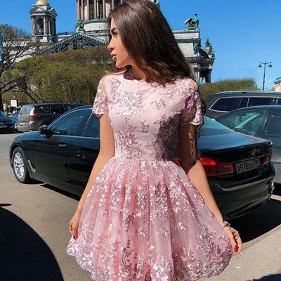 simidress.com | Pink A-Line Short Sleeves Homecoming Dresses | Graduation Dress with Lace Appliques, SH445