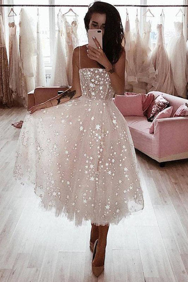 Pearl Pink Tulle A-line Spaghetti Straps Tea Length Beaded Homecoming Dress, SH446