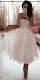 simidress.com | Pearl Pink Tulle A-line Spaghetti Straps Tea Length Beaded Homecoming Dress, SH446