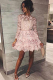 Cheap Pink Lace Above Knee Long Sleeve High Neck Homecoming Dresses, SH447