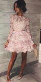 Cheap Pink Lace Above Knee Long Sleeve High Neck Homecoming Dresses, SH447 | www.simidress.com