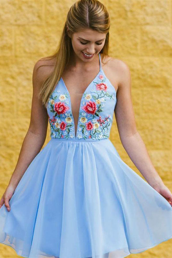Light Blue Chiffon Floral A-line V-neck Homecoming Dresses Short Prom Dress, SH450