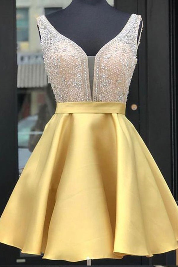 Gold Satin Backless Mini V-neck Beaded Homecoming Dresses | Short Party Dress, SH452