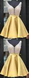 www.simidress.com | Gold Satin Backless Mini V-neck Beaded Homecoming Dresses | Short Party Dress, SH452