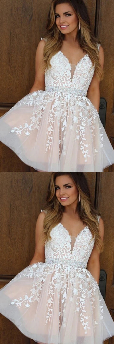 simidress.com | Cute Tulle A-line V-neck Beaded Cheap Homecoming Dresses With Appliques, SH453
