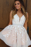 Cute Tulle A-line V-neck Beaded Cheap Homecoming Dresses With Appliques, SH453